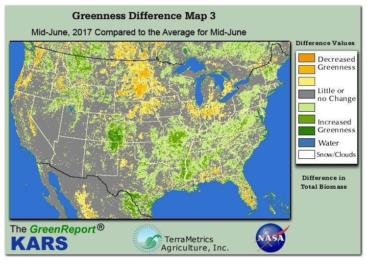 Color-coded U.S. vegetation greeness index map for Period 25 of 2017, illustrating spatial variations in plant vigor, with greener tones indicating higher biomass and browner tones indicating stressed vegetation,
              comparing current crop/vegetation change in biomass to the 20-year greenness average.