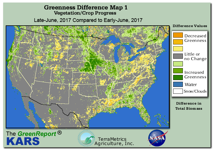 Color-coded U.S. vegetation greeness index map for Period 26 of 2017, illustrating spatial variations in plant vigor, with greener tones indicating higher biomass and browner tones indicating stressed vegetation,
              comparing current crop/vegetation change in biomass to the previous week within the same year.