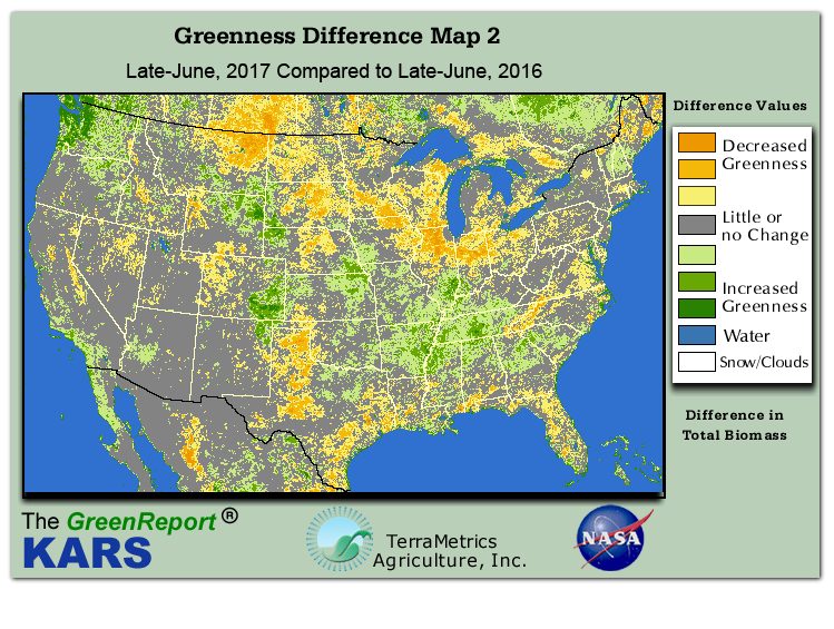 Color-coded U.S. vegetation greeness index map for Period 26 of 2017, illustrating spatial variations in plant vigor, with greener tones indicating higher biomass and browner tones indicating stressed vegetation,
              comparing current crop/vegetation change in biomass to same period from the previous year.