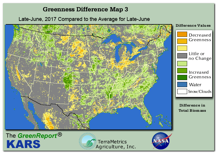 Color-coded U.S. vegetation greeness index map for Period 26 of 2017, illustrating spatial variations in plant vigor, with greener tones indicating higher biomass and browner tones indicating stressed vegetation,
              comparing current crop/vegetation change in biomass to the 20-year greenness average.