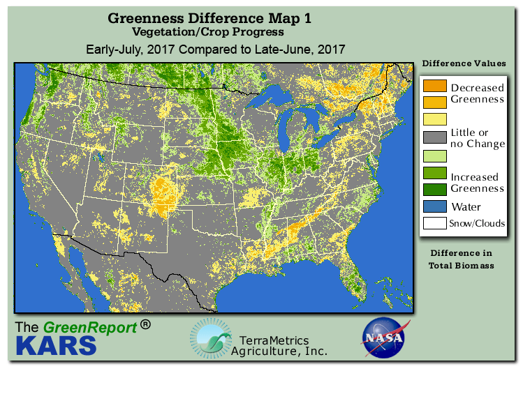 Color-coded U.S. vegetation greeness index map for Period 27 of 2017, illustrating spatial variations in plant vigor, with greener tones indicating higher biomass and browner tones indicating stressed vegetation,
              comparing current crop/vegetation change in biomass to the previous week within the same year.