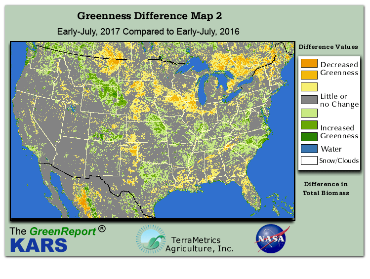 Color-coded U.S. vegetation greeness index map for Period 27 of 2017, illustrating spatial variations in plant vigor, with greener tones indicating higher biomass and browner tones indicating stressed vegetation,
              comparing current crop/vegetation change in biomass to same period from the previous year.