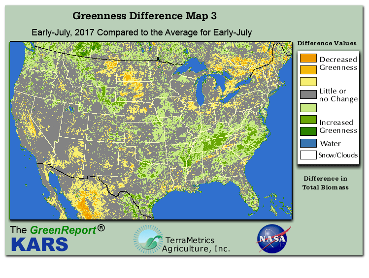 Color-coded U.S. vegetation greeness index map for Period 27 of 2017, illustrating spatial variations in plant vigor, with greener tones indicating higher biomass and browner tones indicating stressed vegetation,
              comparing current crop/vegetation change in biomass to the 20-year greenness average.
