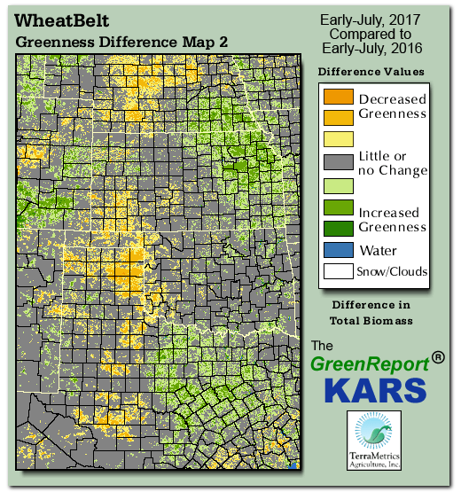 Color-coded Wheat Belt vegetation greeness index map for Period 27 of 2017, illustrating spatial variations in plant vigor, with greener tones indicating higher biomass and browner tones indicating stressed vegetation,
              comparing current crop/vegetation change in biomass to same period from the previous year.
