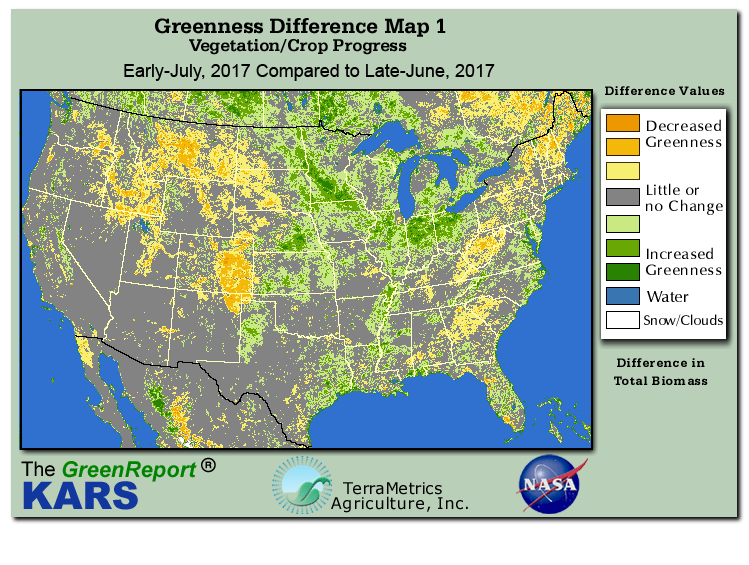 Color-coded U.S. vegetation greeness index map for Period 28 of 2017, illustrating spatial variations in plant vigor, with greener tones indicating higher biomass and browner tones indicating stressed vegetation,
              comparing current crop/vegetation change in biomass to the previous week within the same year.