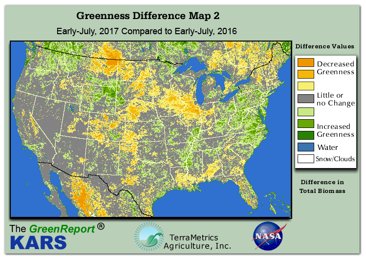 Color-coded U.S. vegetation greeness index map for Period 28 of 2017, illustrating spatial variations in plant vigor, with greener tones indicating higher biomass and browner tones indicating stressed vegetation,
              comparing current crop/vegetation change in biomass to same period from the previous year.