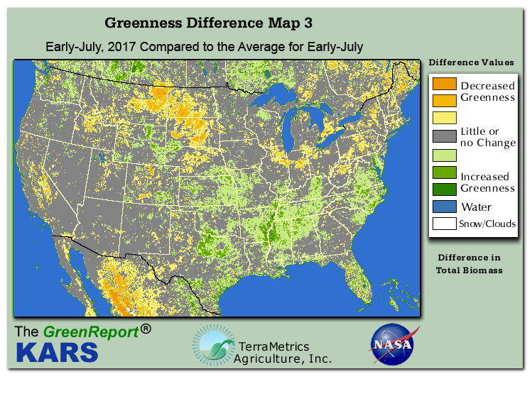Color-coded U.S. vegetation greeness index map for Period 28 of 2017, illustrating spatial variations in plant vigor, with greener tones indicating higher biomass and browner tones indicating stressed vegetation,
              comparing current crop/vegetation change in biomass to the 20-year greenness average.