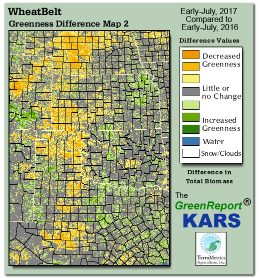 Color-coded Wheat Belt vegetation greeness index map for Period 28 of 2017, illustrating spatial variations in plant vigor, with greener tones indicating higher biomass and browner tones indicating stressed vegetation,
              comparing current crop/vegetation change in biomass to same period from the previous year.