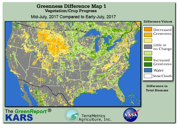 Color-coded U.S. vegetation greeness index map for Period 29 of 2017, illustrating spatial variations in plant vigor, with greener tones indicating higher biomass and browner tones indicating stressed vegetation,
              comparing current crop/vegetation change in biomass to the previous week within the same year.