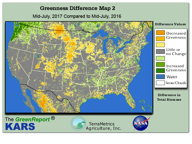 Color-coded U.S. vegetation greeness index map for Period 29 of 2017, illustrating spatial variations in plant vigor, with greener tones indicating higher biomass and browner tones indicating stressed vegetation,
              comparing current crop/vegetation change in biomass to same period from the previous year.