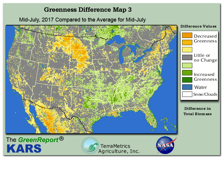 Color-coded U.S. vegetation greeness index map for Period 29 of 2017, illustrating spatial variations in plant vigor, with greener tones indicating higher biomass and browner tones indicating stressed vegetation,
              comparing current crop/vegetation change in biomass to the 20-year greenness average.