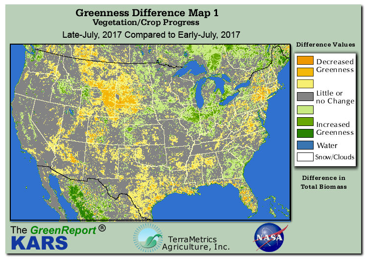 Color-coded U.S. vegetation greeness index map for Period 30 of 2017, illustrating spatial variations in plant vigor, with greener tones indicating higher biomass and browner tones indicating stressed vegetation,
              comparing current crop/vegetation change in biomass to the previous week within the same year.