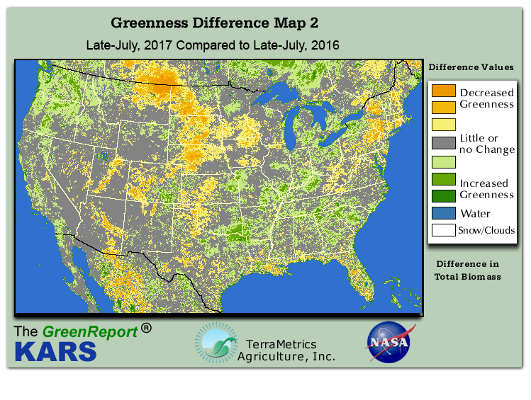 Color-coded U.S. vegetation greeness index map for Period 30 of 2017, illustrating spatial variations in plant vigor, with greener tones indicating higher biomass and browner tones indicating stressed vegetation,
              comparing current crop/vegetation change in biomass to same period from the previous year.