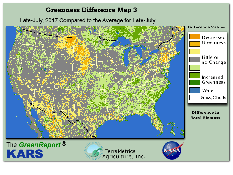 Color-coded U.S. vegetation greeness index map for Period 30 of 2017, illustrating spatial variations in plant vigor, with greener tones indicating higher biomass and browner tones indicating stressed vegetation,
              comparing current crop/vegetation change in biomass to the 20-year greenness average.