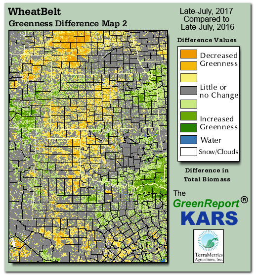 Color-coded Wheat Belt vegetation greeness index map for Period 30 of 2017, illustrating spatial variations in plant vigor, with greener tones indicating higher biomass and browner tones indicating stressed vegetation,
              comparing current crop/vegetation change in biomass to same period from the previous year.