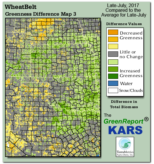 Color-coded Wheat Belt vegetation greeness index map for Period 30 of 2017, illustrating spatial variations in plant vigor, with greener tones indicating higher biomass and browner tones indicating stressed vegetation,
              comparing current crop/vegetation change in biomass to the 20-year greenness average.