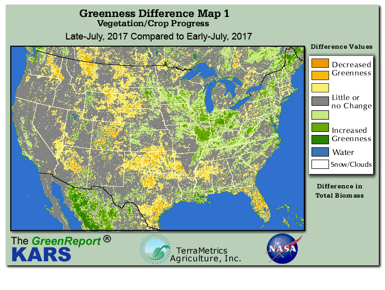Color-coded U.S. vegetation greeness index map for Period 31 of 2017, illustrating spatial variations in plant vigor, with greener tones indicating higher biomass and browner tones indicating stressed vegetation,
              comparing current crop/vegetation change in biomass to the previous week within the same year.