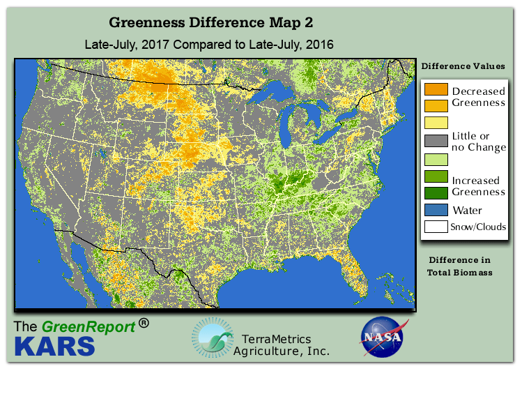 Color-coded U.S. vegetation greeness index map for Period 31 of 2017, illustrating spatial variations in plant vigor, with greener tones indicating higher biomass and browner tones indicating stressed vegetation,
              comparing current crop/vegetation change in biomass to same period from the previous year.