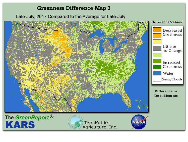 Color-coded U.S. vegetation greeness index map for Period 31 of 2017, illustrating spatial variations in plant vigor, with greener tones indicating higher biomass and browner tones indicating stressed vegetation,
              comparing current crop/vegetation change in biomass to the 20-year greenness average.