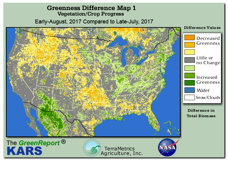 Color-coded U.S. vegetation greeness index map for Period 32 of 2017, illustrating spatial variations in plant vigor, with greener tones indicating higher biomass and browner tones indicating stressed vegetation,
              comparing current crop/vegetation change in biomass to the previous week within the same year.
