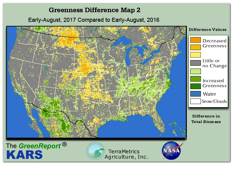 Color-coded U.S. vegetation greeness index map for Period 32 of 2017, illustrating spatial variations in plant vigor, with greener tones indicating higher biomass and browner tones indicating stressed vegetation,
              comparing current crop/vegetation change in biomass to same period from the previous year.