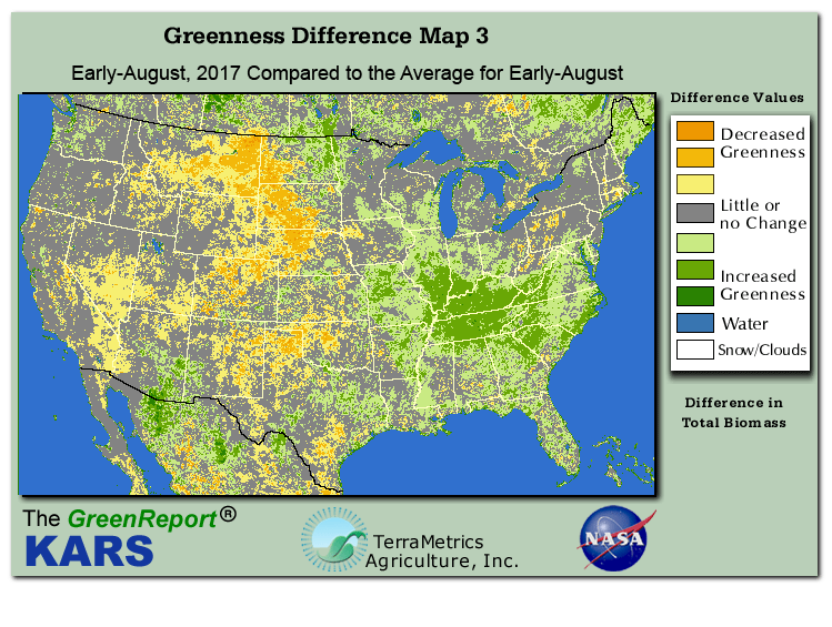 Color-coded U.S. vegetation greeness index map for Period 32 of 2017, illustrating spatial variations in plant vigor, with greener tones indicating higher biomass and browner tones indicating stressed vegetation,
              comparing current crop/vegetation change in biomass to the 20-year greenness average.
