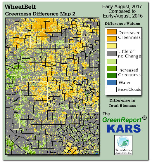 Color-coded Wheat Belt vegetation greeness index map for Period 32 of 2017, illustrating spatial variations in plant vigor, with greener tones indicating higher biomass and browner tones indicating stressed vegetation,
              comparing current crop/vegetation change in biomass to same period from the previous year.
