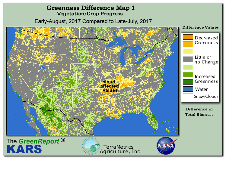 Color-coded U.S. vegetation greeness index map for Period 33 of 2017, illustrating spatial variations in plant vigor, with greener tones indicating higher biomass and browner tones indicating stressed vegetation,
              comparing current crop/vegetation change in biomass to the previous week within the same year.