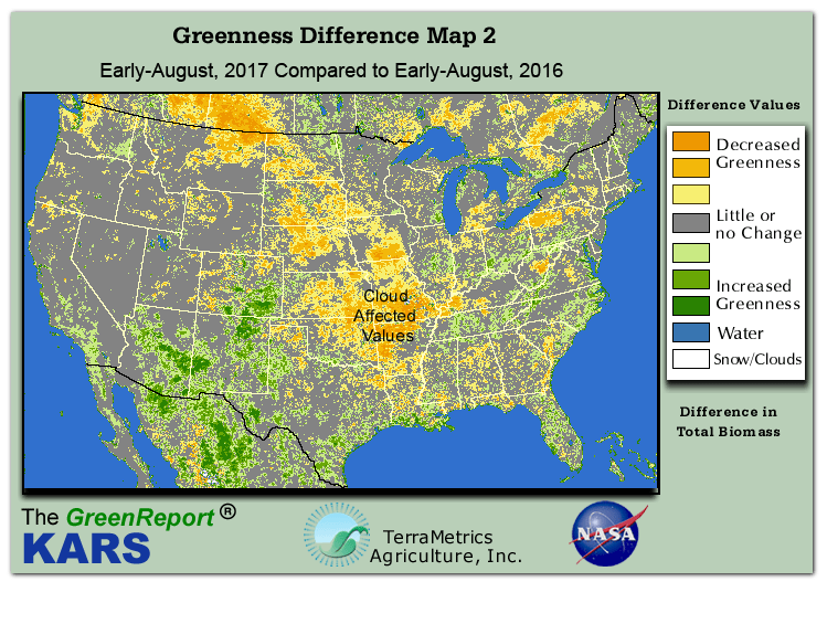 Color-coded U.S. vegetation greeness index map for Period 33 of 2017, illustrating spatial variations in plant vigor, with greener tones indicating higher biomass and browner tones indicating stressed vegetation,
              comparing current crop/vegetation change in biomass to same period from the previous year.