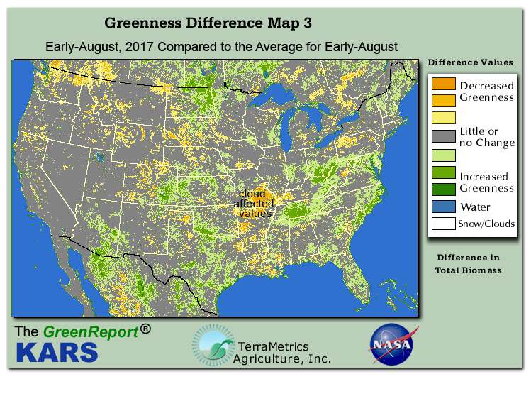 Color-coded U.S. vegetation greeness index map for Period 33 of 2017, illustrating spatial variations in plant vigor, with greener tones indicating higher biomass and browner tones indicating stressed vegetation,
              comparing current crop/vegetation change in biomass to the 20-year greenness average.