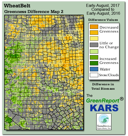 Color-coded Wheat Belt vegetation greeness index map for Period 33 of 2017, illustrating spatial variations in plant vigor, with greener tones indicating higher biomass and browner tones indicating stressed vegetation,
              comparing current crop/vegetation change in biomass to same period from the previous year.