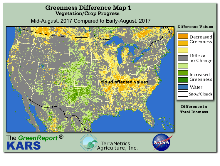 Color-coded U.S. vegetation greeness index map for Period 34 of 2017, illustrating spatial variations in plant vigor, with greener tones indicating higher biomass and browner tones indicating stressed vegetation,
              comparing current crop/vegetation change in biomass to the previous week within the same year.