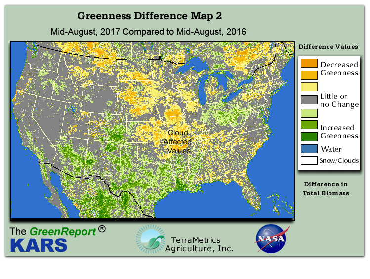 Color-coded U.S. vegetation greeness index map for Period 34 of 2017, illustrating spatial variations in plant vigor, with greener tones indicating higher biomass and browner tones indicating stressed vegetation,
              comparing current crop/vegetation change in biomass to same period from the previous year.