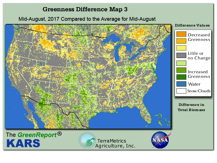 Color-coded U.S. vegetation greeness index map for Period 34 of 2017, illustrating spatial variations in plant vigor, with greener tones indicating higher biomass and browner tones indicating stressed vegetation,
              comparing current crop/vegetation change in biomass to the 20-year greenness average.