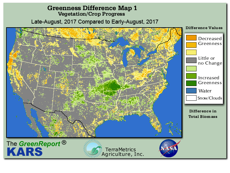 Color-coded U.S. vegetation greeness index map for Period 35 of 2017, illustrating spatial variations in plant vigor, with greener tones indicating higher biomass and browner tones indicating stressed vegetation,
              comparing current crop/vegetation change in biomass to the previous week within the same year.