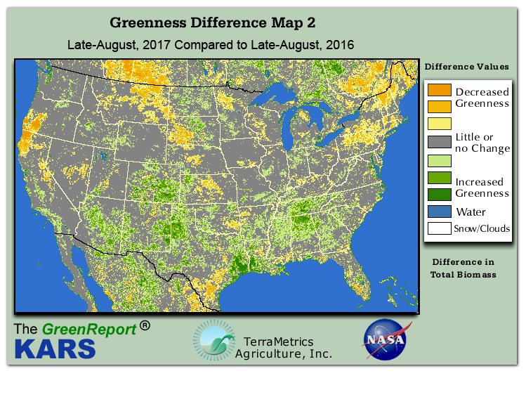 Color-coded U.S. vegetation greeness index map for Period 35 of 2017, illustrating spatial variations in plant vigor, with greener tones indicating higher biomass and browner tones indicating stressed vegetation,
              comparing current crop/vegetation change in biomass to same period from the previous year.