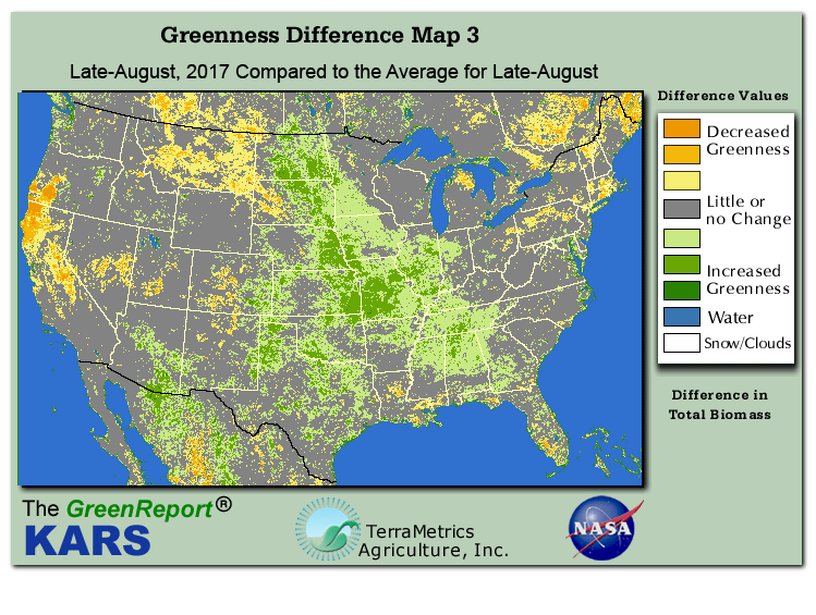 Color-coded U.S. vegetation greeness index map for Period 35 of 2017, illustrating spatial variations in plant vigor, with greener tones indicating higher biomass and browner tones indicating stressed vegetation,
              comparing current crop/vegetation change in biomass to the 20-year greenness average.