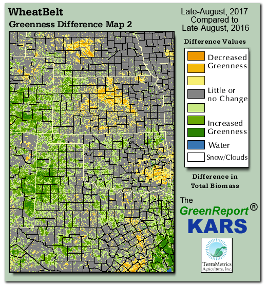 Color-coded Wheat Belt vegetation greeness index map for Period 35 of 2017, illustrating spatial variations in plant vigor, with greener tones indicating higher biomass and browner tones indicating stressed vegetation,
              comparing current crop/vegetation change in biomass to same period from the previous year.