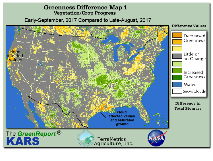 Color-coded U.S. vegetation greeness index map for Period 36 of 2017, illustrating spatial variations in plant vigor, with greener tones indicating higher biomass and browner tones indicating stressed vegetation,
              comparing current crop/vegetation change in biomass to the previous week within the same year.