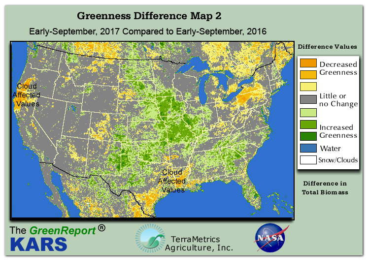 Color-coded U.S. vegetation greeness index map for Period 36 of 2017, illustrating spatial variations in plant vigor, with greener tones indicating higher biomass and browner tones indicating stressed vegetation,
              comparing current crop/vegetation change in biomass to same period from the previous year.
