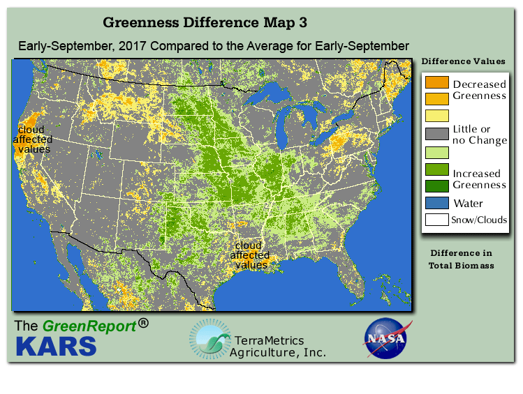 Color-coded U.S. vegetation greeness index map for Period 36 of 2017, illustrating spatial variations in plant vigor, with greener tones indicating higher biomass and browner tones indicating stressed vegetation,
              comparing current crop/vegetation change in biomass to the 20-year greenness average.