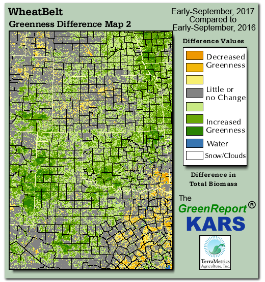 Color-coded Wheat Belt vegetation greeness index map for Period 36 of 2017, illustrating spatial variations in plant vigor, with greener tones indicating higher biomass and browner tones indicating stressed vegetation,
              comparing current crop/vegetation change in biomass to same period from the previous year.