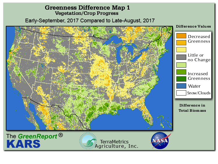 Color-coded U.S. vegetation greeness index map for Period 37 of 2017, illustrating spatial variations in plant vigor, with greener tones indicating higher biomass and browner tones indicating stressed vegetation,
              comparing current crop/vegetation change in biomass to the previous week within the same year.