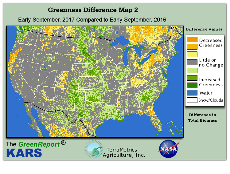 Color-coded U.S. vegetation greeness index map for Period 37 of 2017, illustrating spatial variations in plant vigor, with greener tones indicating higher biomass and browner tones indicating stressed vegetation,
              comparing current crop/vegetation change in biomass to same period from the previous year.