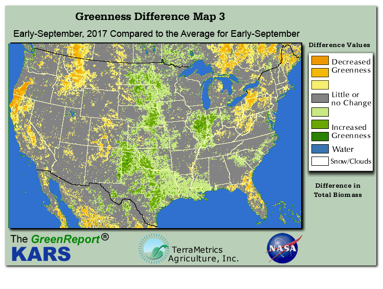 Color-coded U.S. vegetation greeness index map for Period 37 of 2017, illustrating spatial variations in plant vigor, with greener tones indicating higher biomass and browner tones indicating stressed vegetation,
              comparing current crop/vegetation change in biomass to the 20-year greenness average.