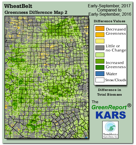Color-coded Wheat Belt vegetation greeness index map for Period 37 of 2017, illustrating spatial variations in plant vigor, with greener tones indicating higher biomass and browner tones indicating stressed vegetation,
              comparing current crop/vegetation change in biomass to same period from the previous year.