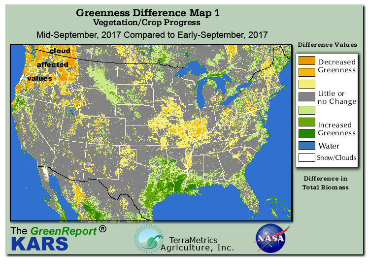 Color-coded U.S. vegetation greeness index map for Period 38 of 2017, illustrating spatial variations in plant vigor, with greener tones indicating higher biomass and browner tones indicating stressed vegetation,
              comparing current crop/vegetation change in biomass to the previous week within the same year.