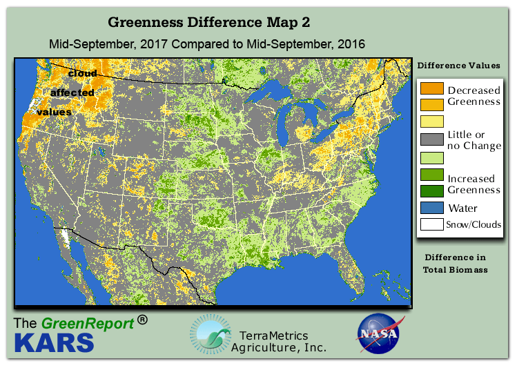 Color-coded U.S. vegetation greeness index map for Period 38 of 2017, illustrating spatial variations in plant vigor, with greener tones indicating higher biomass and browner tones indicating stressed vegetation,
              comparing current crop/vegetation change in biomass to same period from the previous year.
