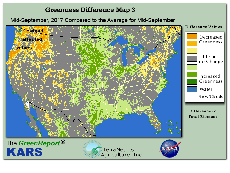 Color-coded U.S. vegetation greeness index map for Period 38 of 2017, illustrating spatial variations in plant vigor, with greener tones indicating higher biomass and browner tones indicating stressed vegetation,
              comparing current crop/vegetation change in biomass to the 20-year greenness average.