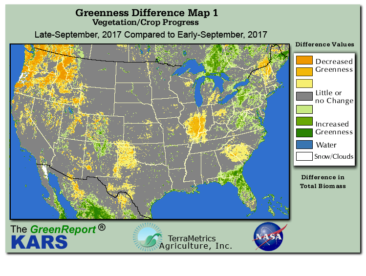 Color-coded U.S. vegetation greeness index map for Period 39 of 2017, illustrating spatial variations in plant vigor, with greener tones indicating higher biomass and browner tones indicating stressed vegetation,
              comparing current crop/vegetation change in biomass to the previous week within the same year.